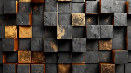 Abstract 3D geometric art featuring textured metallic surfaces blending dark tones with copper highlights.