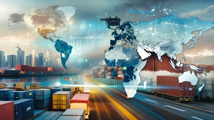 Innovation technology digital future of logistics freight transportation import export concept, Manager using tablet control online tracking cargo delivery distribution on city world map background