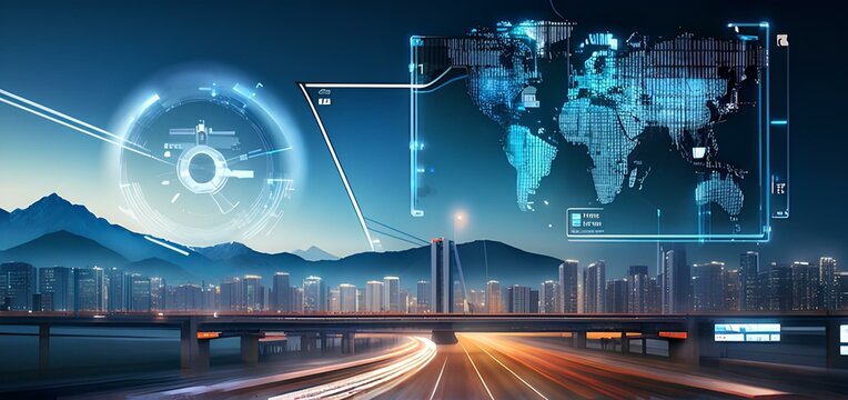 Innovation technology digital future of logistics freight transportation import export concept, Manager using tablet control online tracking cargo delivery distribution on city world map background