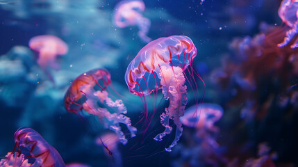 Obraz premium Multiple majestic glowing pink and purple jellyfish swimming in underwater blue sea ocean