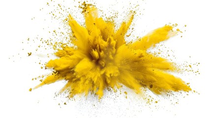 Yellow powder explosion with particles flying in all directions, creating a dramatic and chaotic effect. Isolated on a white background, the image emphasizes the intensity and energy of the explosion.