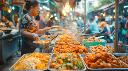 Fototapeta premium A woman prepares food at her stall in a busy market, surrounded by fresh fruits and ingredients