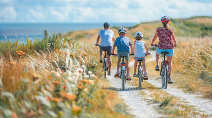 A family enjoys a bike ride along a dusty road by the ocean, under a cloudy sky