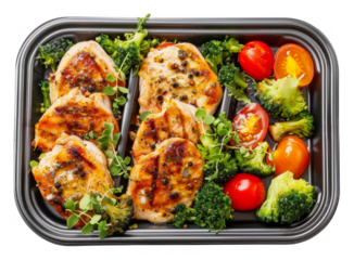 A healthy meal prep container with grilled chicken, broccoli, cherry tomatoes, and lettuce.