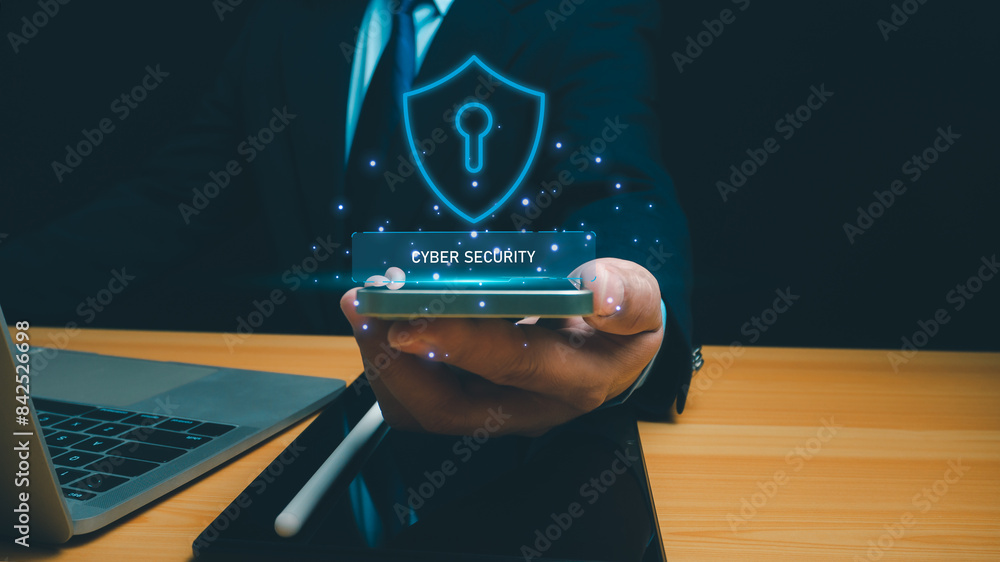 Poster cyber security technology concept, businessman use phone and computer online showing protection icon