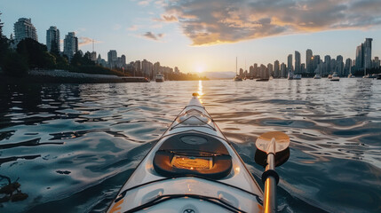 a white kayak in the water, with in Vancouver Bay at sunset, the city skyline in the background. Summer sport activity concept