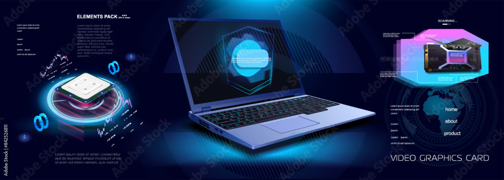 Poster futuristic cyber banner with open laptop and computer components. processor, video card and laptop w