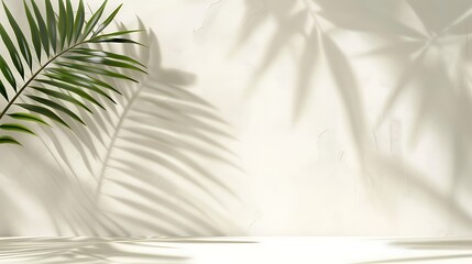 Minimalistic summer background with blurred palm leaf shadows on cream wall