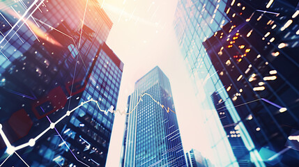 A stock market graph and skyscrapers in double exposure, representing business growth or financial success.