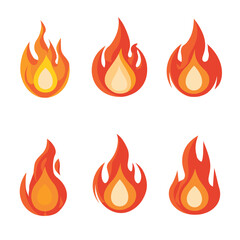 Set six cartoon flame icons different designs. Collection fire symbols yellow red gradients, graphic representation heat, energy, danger. Warm color palette, simple shapes, isolated white background
