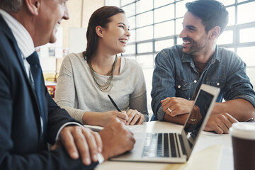 Advice, couple and mature financial advisor with laptop for discussion, insurance plan or...
