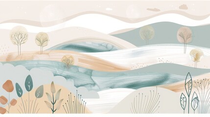 Naklejka premium Minimalistic Abstract Nature Scene with Soft Pastel Colors - Design for Prints, Cards, Posters
