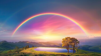 Naklejka premium a vibrant rainbow arching over a picturesque farm landscape, where a tranquil lake reflects the colorful sky of a summer sunset, amidst lush trees and the glow of a sunny day.