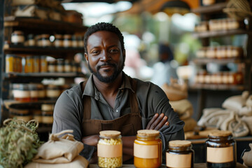 Portrait of a confident male shopkeeper in a natural cosmetic store. Displaying jars of homemade products. Perfect for themes of small business, entrepreneurship, and organic products.