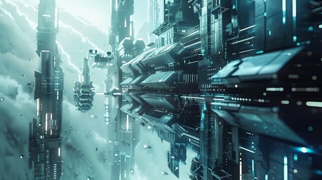A futuristic city beneath clouds with advanced structures and flying vehicles, depicting a sci-fi fantasy landscape.