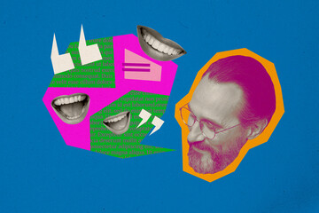 Creative abstract template collage of mature man head connection talking mouth fantasy billboard comics zine minimal