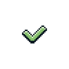 Check mark pixel art icon, done, isolated vector illustration. Design for stickers, logo, web and mobile app.