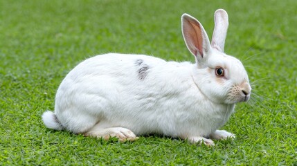 Fototapeta premium a cute white baby bunny nestled amidst lush green grass, offering a delightful visual contrast and evoking feelings of tenderness and serenity, with ample copy space for versatile usage.