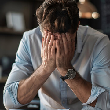  man of Caucasian background holding hands in work environments while crying 