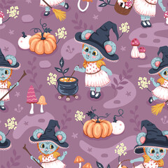 Happy little mice dressed in witch hats and dresses with colorful pumpkins, flowers and mushrooms on a purple background. Perfect for Halloween! Seamless repeated surface vector pattern design.