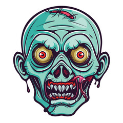 Illustration vibrant zombie head, featuring bright eyes stitched skin. Cartoonstyle undead character exaggerated facial features popping colors. Detailed horrorthemed graphic art screaming zombie