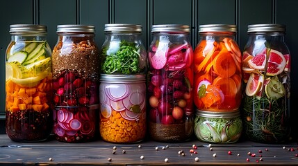 A vibrant collection of assorted fermented foods displayed in clear glass jars, featuring a colorful array of textures and hues from vegetables and fruits, symbolizing healthy probiotic rich cuisine