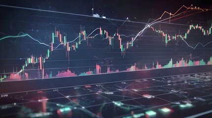 Closeup financial chart with uptrend line candlestick graph in stock market on monitor background