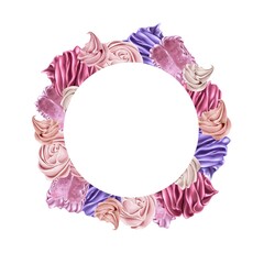Illustration sweet marshmallow wreath frame. For cards, congratulations, menus, restaurants, bistros, cafes, shops, parties