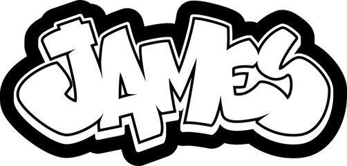 JAMES Graffiti Name, street art urban wall tag style font, sticker, label, print, stencil, cut file, cool dope hand drawn writing, dj sign logo, doodle, clear transparent background PNG, one line