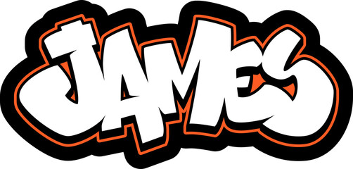 JAMES Graffiti Name, street art urban wall tag style font, sticker, label, print, stencil, cut file, cool dope hand drawn writing, dj sign logo, doodle, clear transparent background PNG, orange