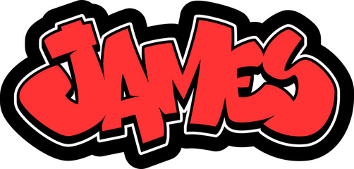 JAMES Graffiti Name, street art urban wall tag style font, sticker, label, print, stencil, cut file, cool dope hand drawn writing, dj sign logo, doodle, clear transparent background PNG, red
