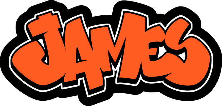JAMES Graffiti Name, street art urban wall tag style font, sticker, label, print, stencil, cut file, cool dope hand drawn writing, dj sign logo, doodle, clear transparent background PNG, orange
