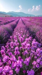 Lavender Fields: Endless fields of blooming lavender stretching to the horizon, under a clear, sunny sky.