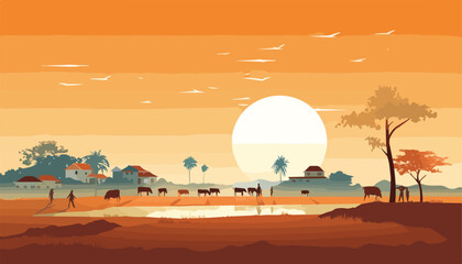 landscape of farm with cows and palm trees at sunset vector illustration