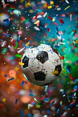 Soccer Football Ball Amidst Colorful Confetti Celebration - EM European Championship 2024 sport win, triumph, winner celebration concept background illustration with copyspace 
