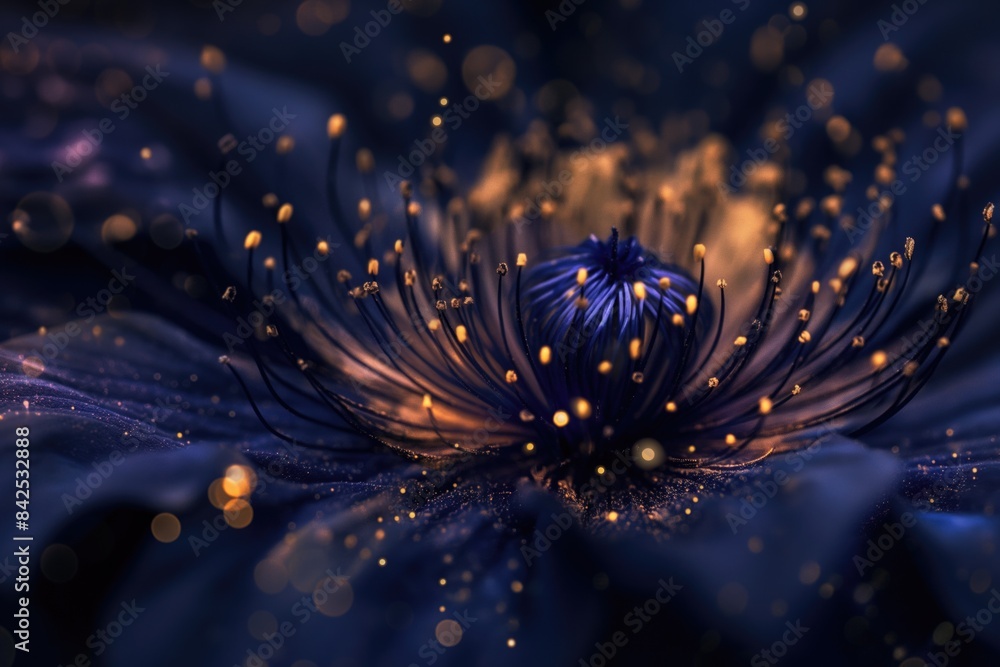 Poster stunning macro shot of a mystical flower. a detailed view of a flower's core with glowing particles.