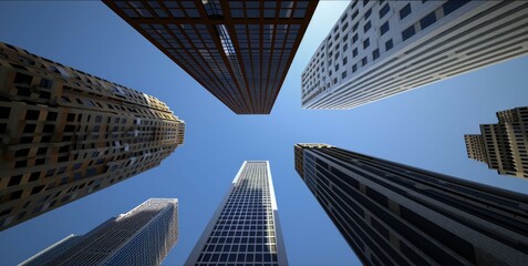 skyscrapers in the cityscape from a ground-level perspective, against the backdrop of a clear blue sky and the pristine white facades of a bustling business center.