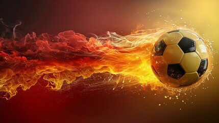 Fototapeta premium A football ball surrounded by vibrant red, yellow, and black paint splashes - EM European Championship 2024 in Germany - background wallpaper with copyspace