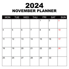 November 2024 Calendar. Week starts on Monday. Blank Calendar Template. Fits Letter Size Page. Stationery Design. Simple set calendar 2024. Monthly calendar template.