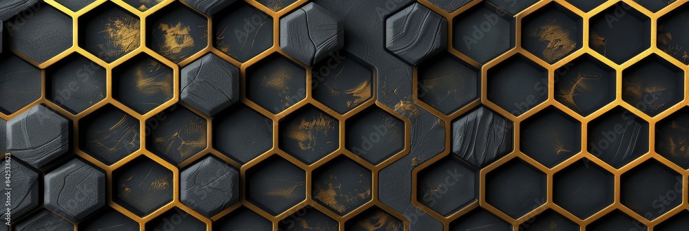 Poster Sophisticated hexagonal pattern in modern dark colors with elegant gold touches, ideal for highend design projects
