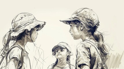 Sketch of three girls with hats and braids talking outdoors, capturing childhood interaction