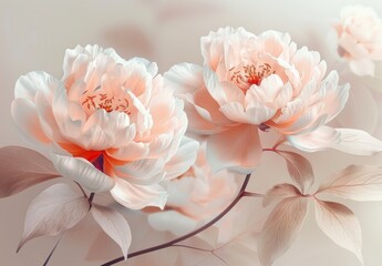 Serene white and peach peonies with delicate leaves on a soft, light background, capturing the timeless elegance and grace of these beautiful flowers in a peaceful, natural setting