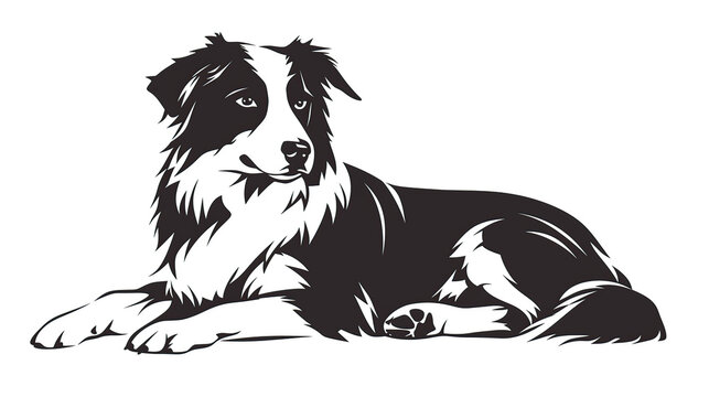 simple vector logo of border collie, laying down on the floor, white background, black and white