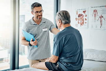 Physiotherapy, chiropractor and senior man consulting for rehabilitation, recovery or treatment results. Healthcare, physical therapy and person with patient for medical service, wellness and support