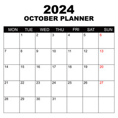 October 2024 Calendar. Week starts on Monday. Blank Calendar Template. Fits Letter Size Page. Stationery Design. Simple set calendar 2024. Monthly calendar template.