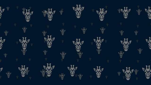 Giraffe head symbols float horizontally from left to right. Parallax fly effect. Floating symbols are located randomly. Seamless looped 4k animation on dark blue background