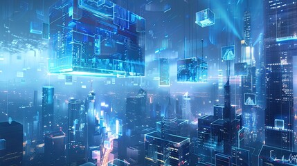 a digital art depiction of a futuristic cityscape, where glowing blue cubes hover above the buildings, symbolizing advanced technology and innovation in urban development.