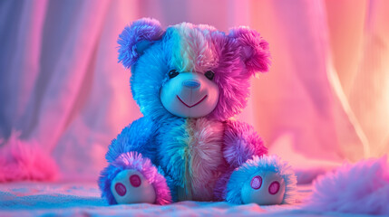 Fototapeta premium Colorful Plush Teddy Bear Sitting Against a Plain Wall Background. Adorable Multicolored Stuffed Animal in Cozy Setting. Soft Toy Bear with Vibrant Patches and Cute Expression