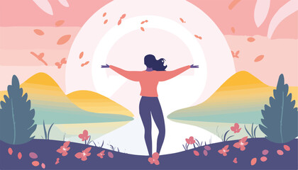 Vector illustration of a woman doing yoga in the park at sunset.