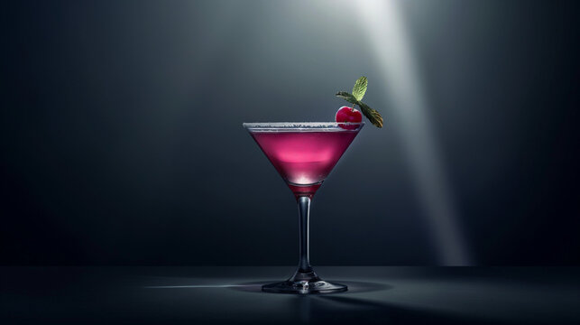 Elegant cocktail in a martini glass garnished with a cherry and mint leaves, set against a dark, dramatic background. The vibrant, pink hue of the drink contrasts beautifully with the lighting.